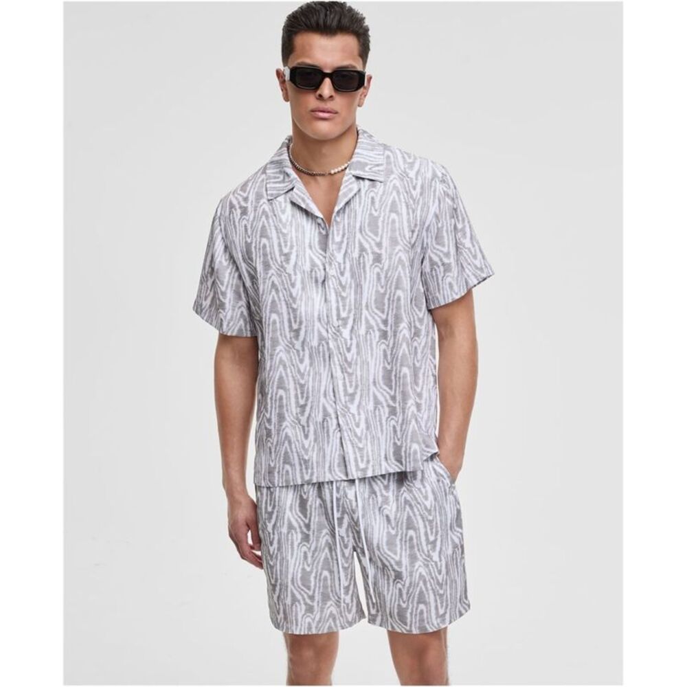 Mode Of One Mens Woodgrain Printed Shiny Twill Button Up Shirt, NWT